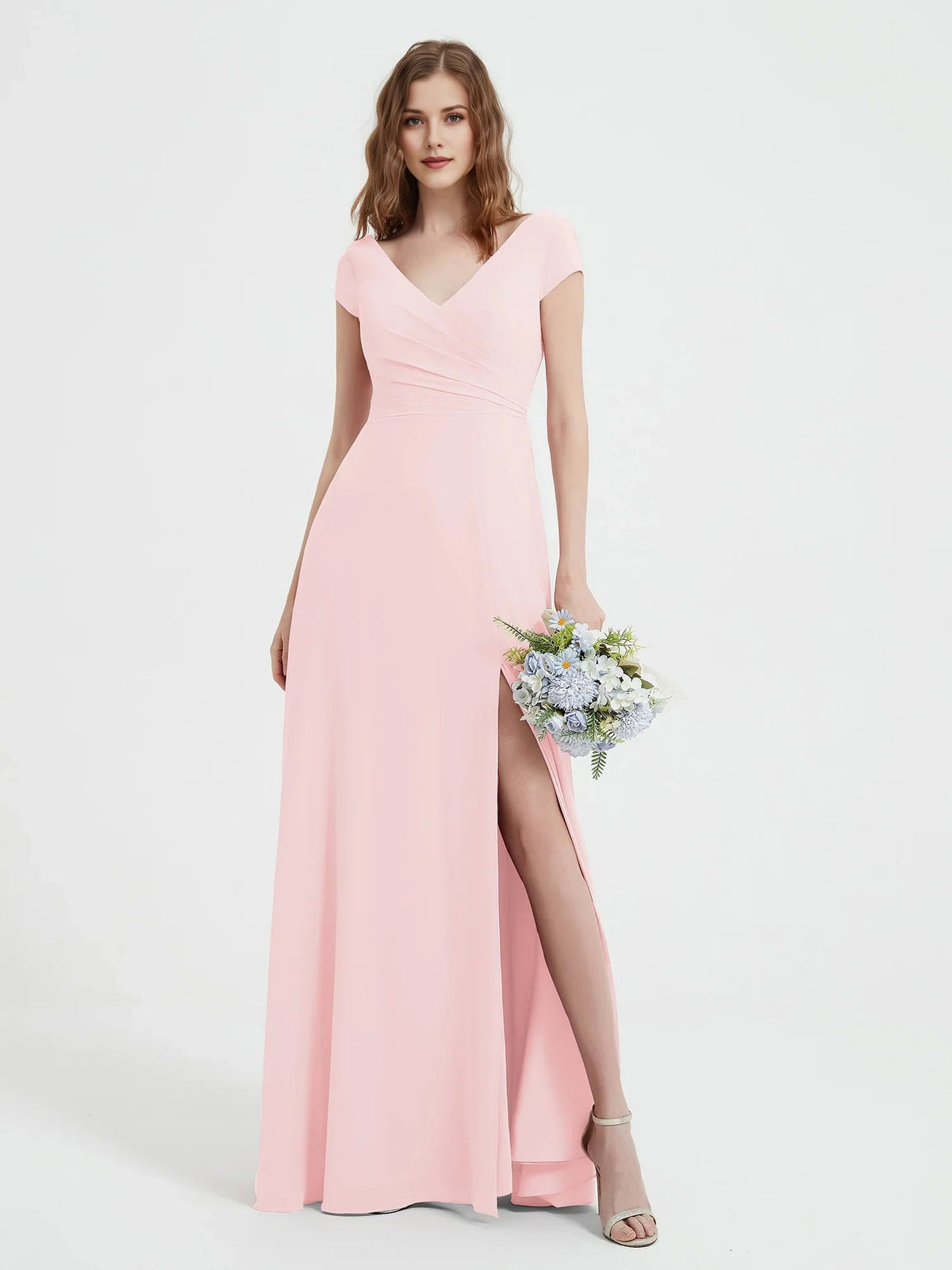 Blush pink ruched V-neck A-line maxi dress with cap sleeves and side slit