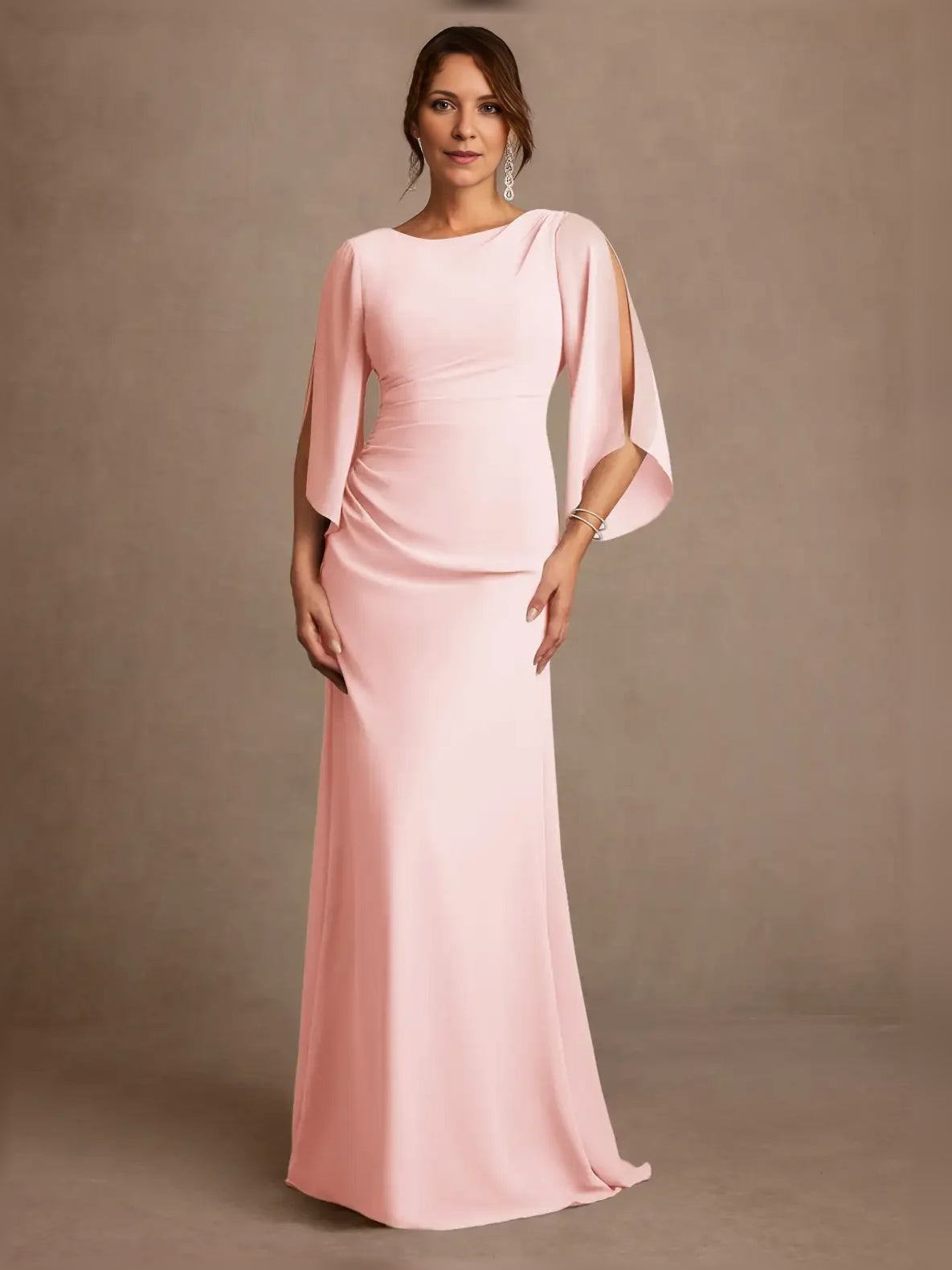 Draped boat-neck A-line chiffon mother-of-the-bride dress, blush pink, floor length