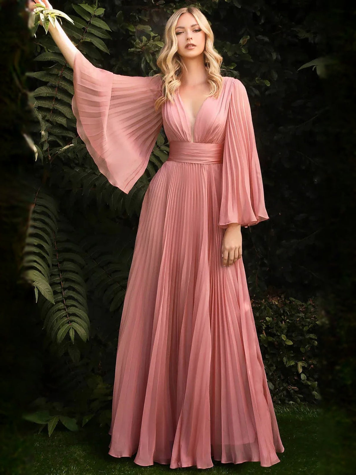 Blush pink V-neck chiffon formal dress with pleated A-line skirt and flutter sleeves