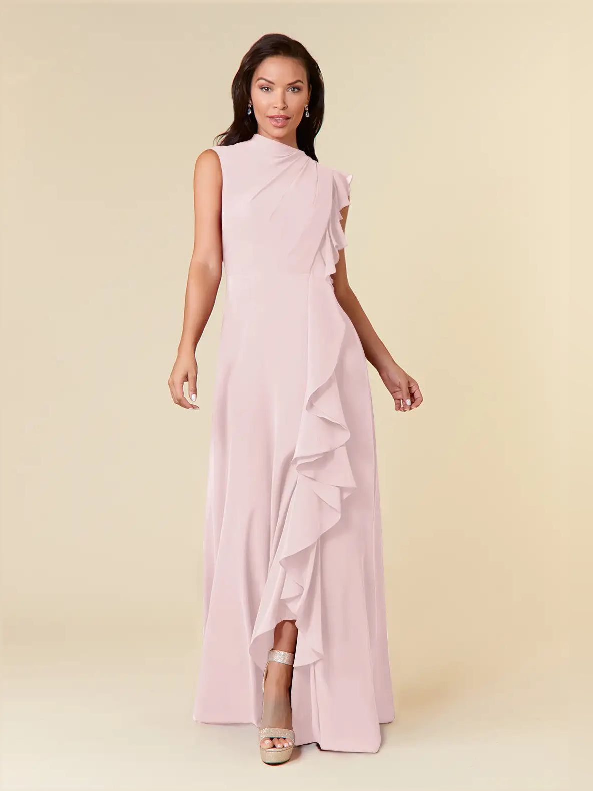 Blush pink high-neck A-line maxi chiffon bridesmaid dress with layered ruffles