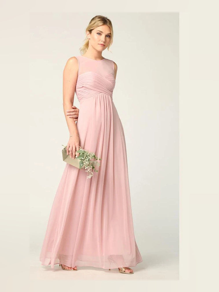 Blush pink chiffon A-line maxi dress with illusion neckline and flowing pleated skirt.