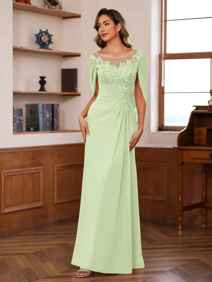 Mint green floor-length chiffon sheath dress with floral cut-out applique scoop neck