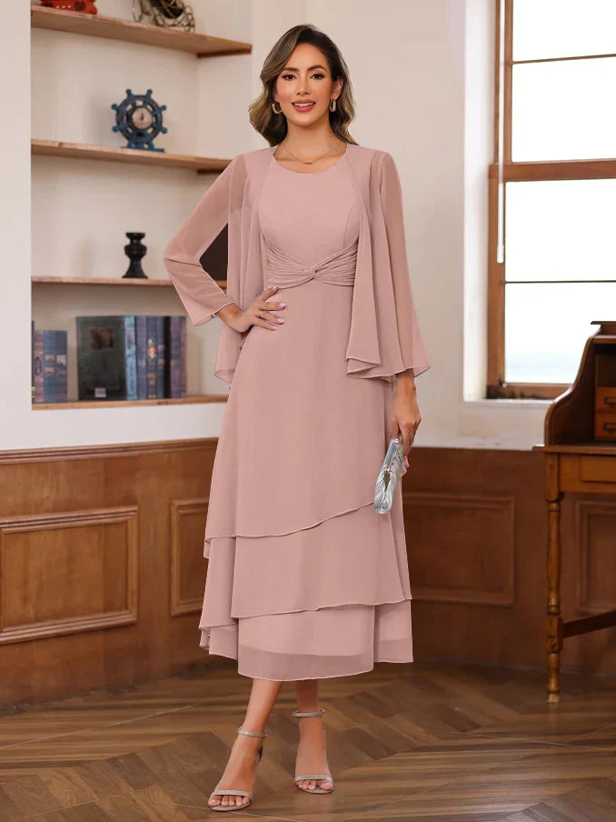 Mauve scoop-neck A-line midi chiffon dress with draped sleeve overlay