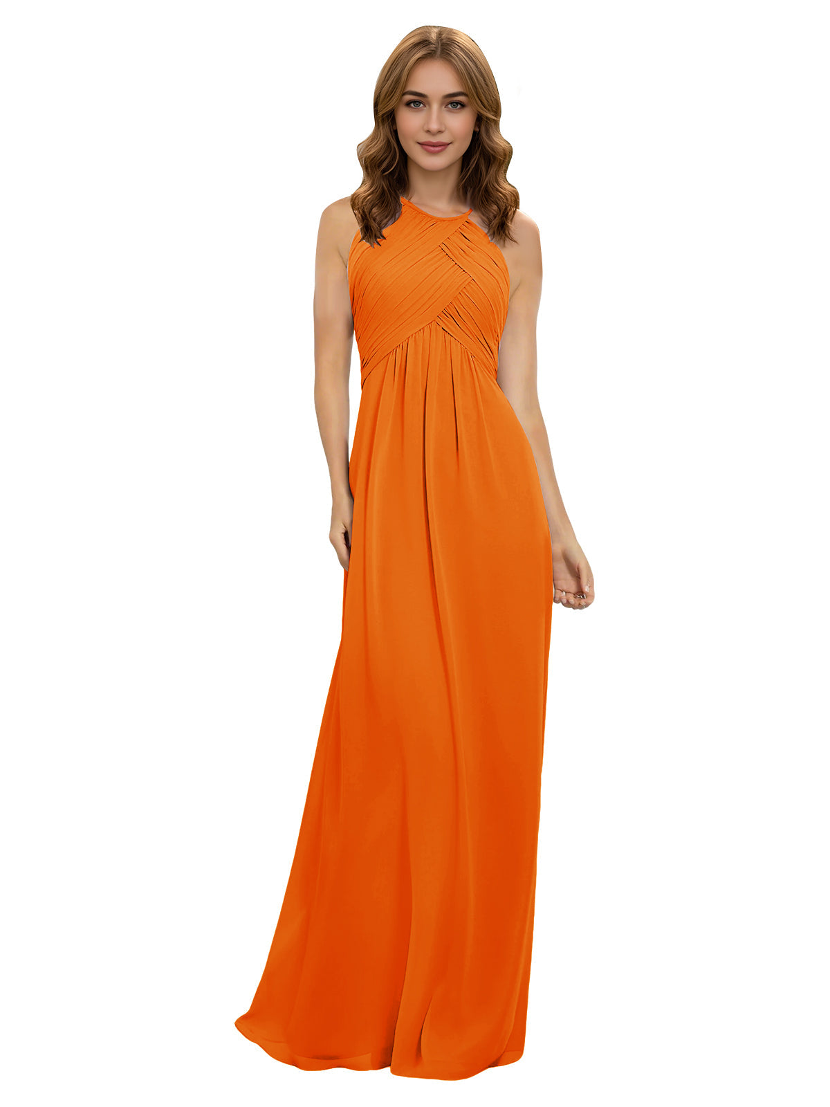Orange halter chiffon bridesmaid dress with twisted bodice and flowing maxi skirt