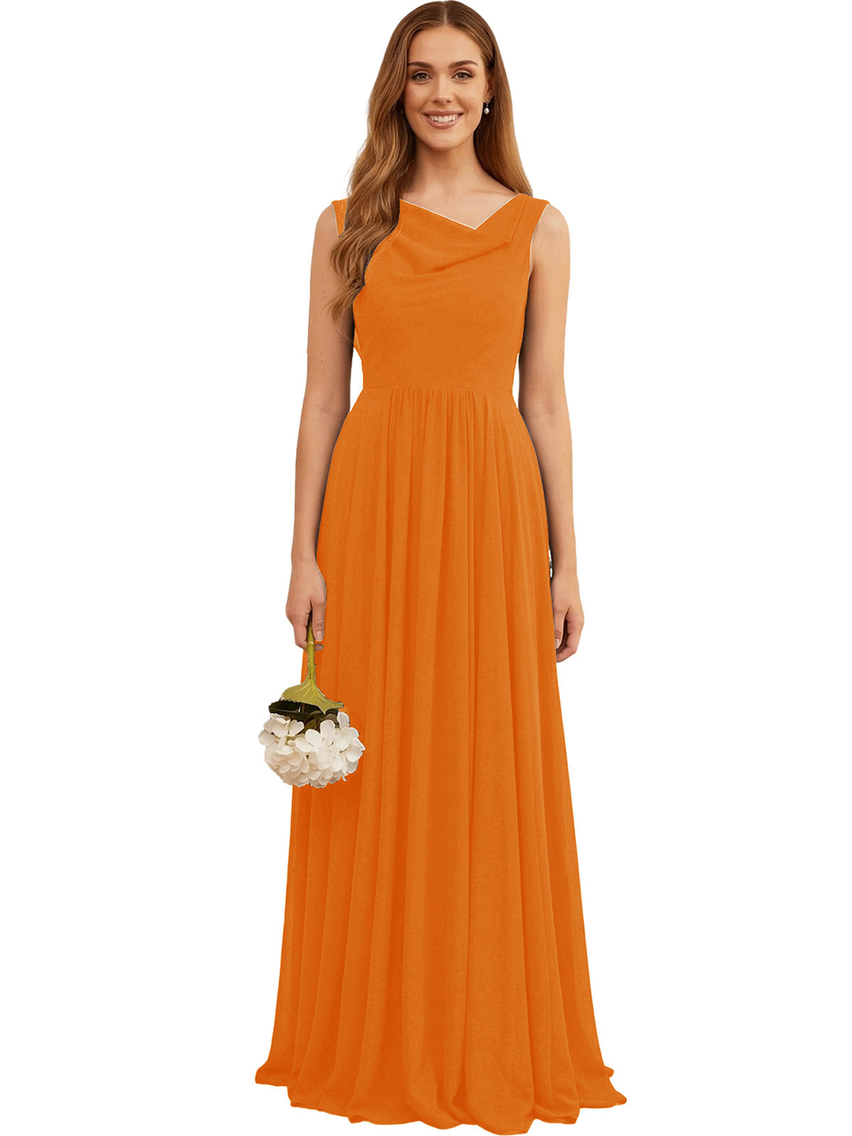 Orange chiffon bridesmaid dress with V-neck sleeveless bodice and pleated skirt
