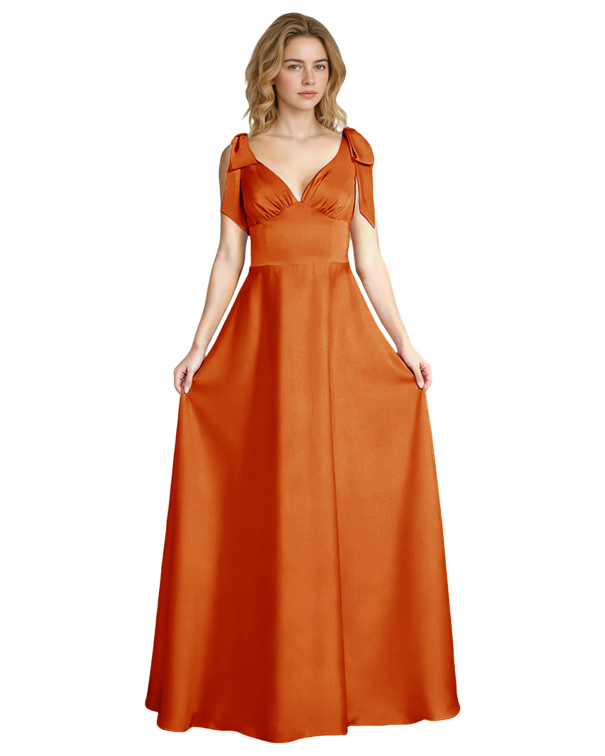 Orange satin V-neck bow strap bridesmaid dress with empire waist and flowing A-line skirt