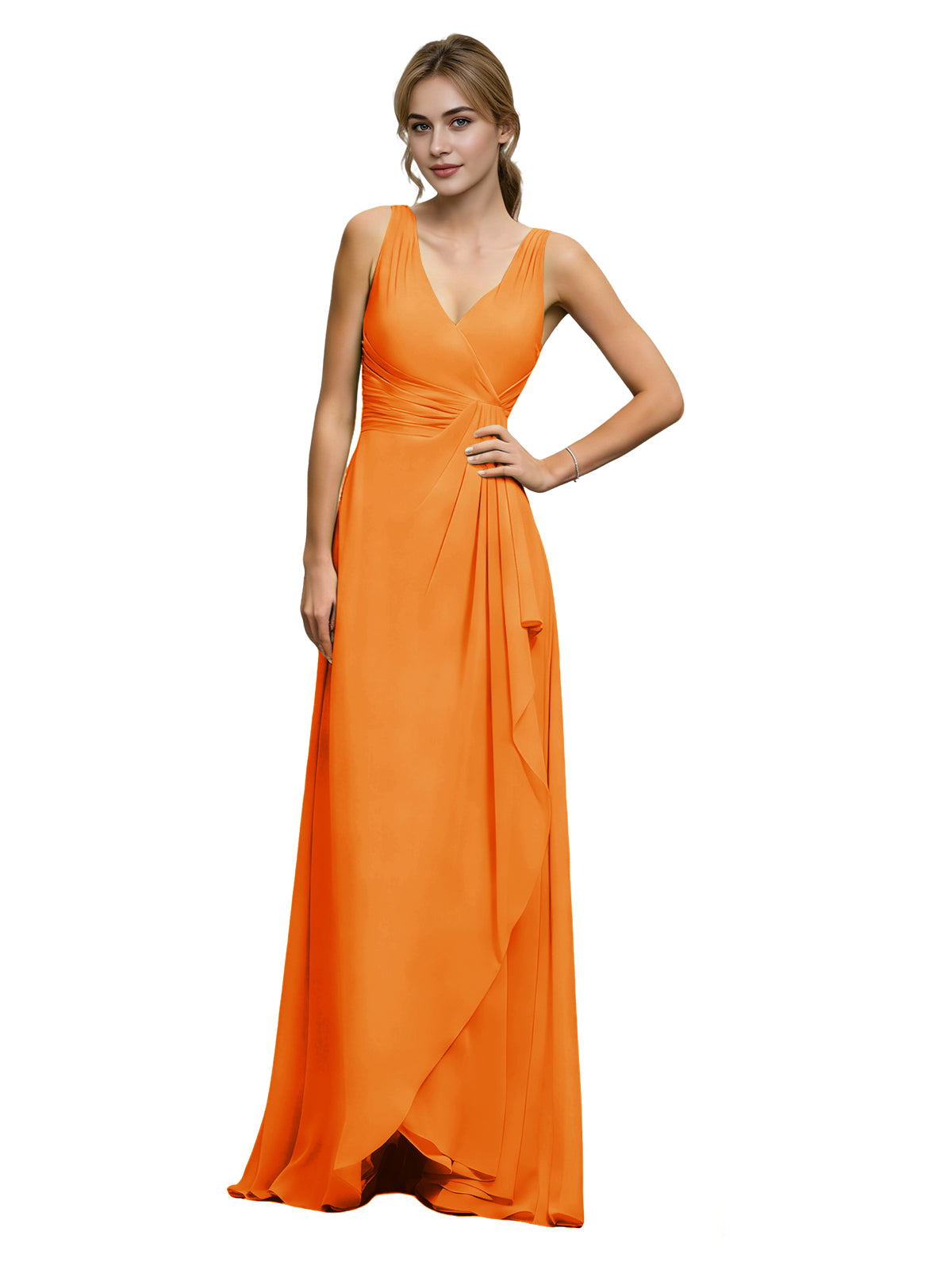 Halter V-neck chiffon bridesmaid dress in orange, draped sash at waist.