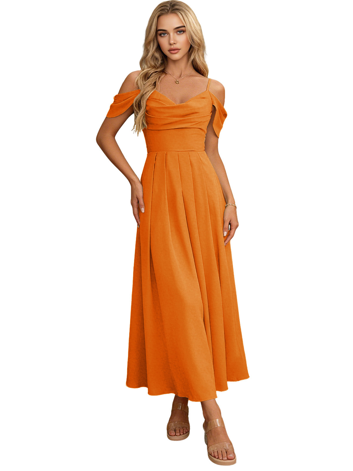 Orange off-shoulder midi bridesmaid dress with pleated bodice and flowing skirt