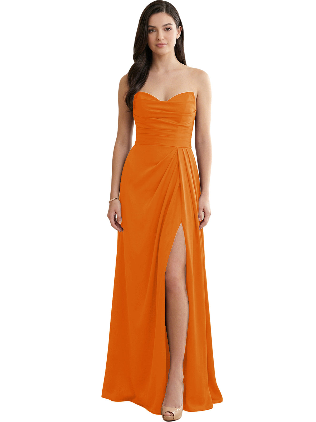 Orange strapless satin bridesmaid dress with pleated bodice and side slit
