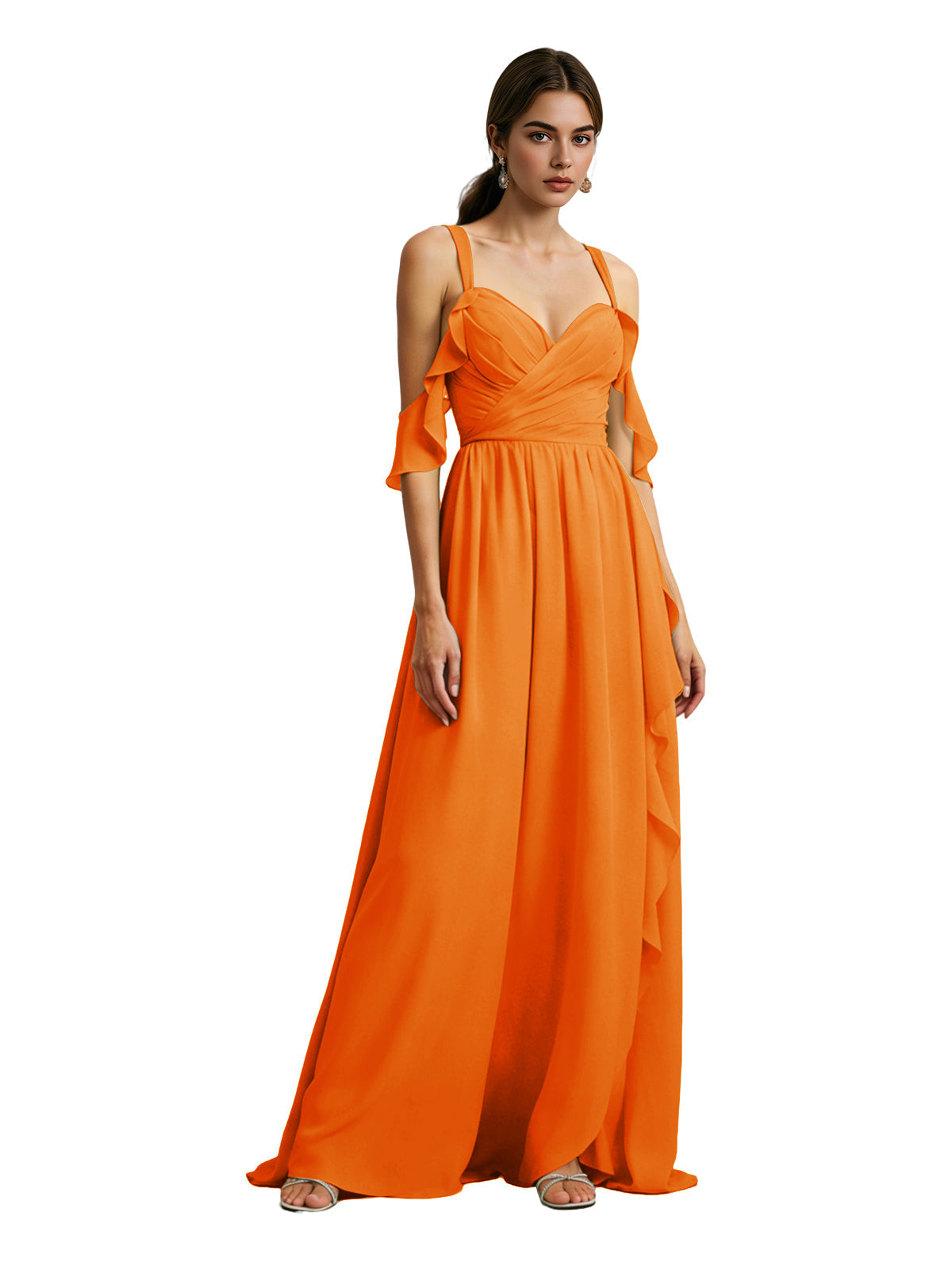 Orange chiffon cold-shoulder bridesmaid dress with draped V-neck bodice and flowing maxi skirt