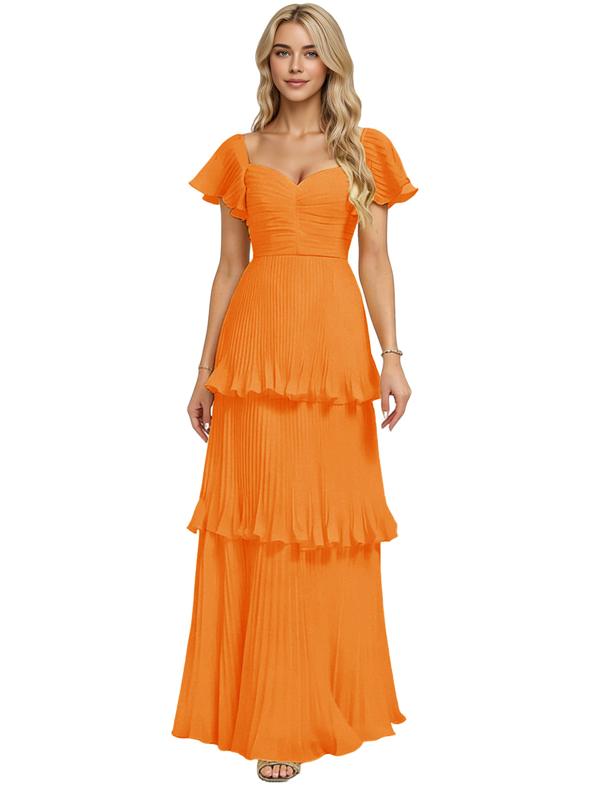 Orange tiered chiffon bridesmaid dress with sweetheart neckline and flutter sleeves