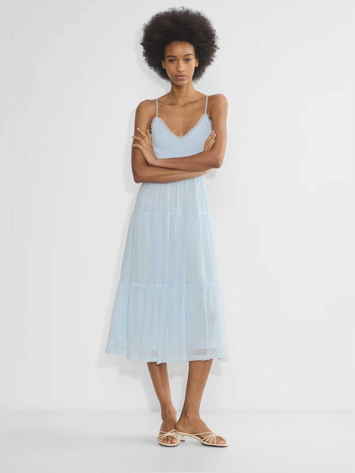 Light blue chiffon midi dress with V-neck and layered tiers, spaghetti straps