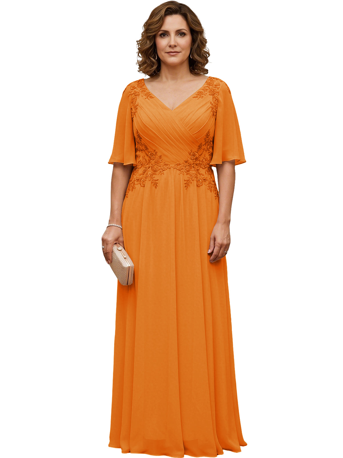Long chiffon A-line gown in coral orange with V-neck, flutter sleeves, beaded lace bodice.
