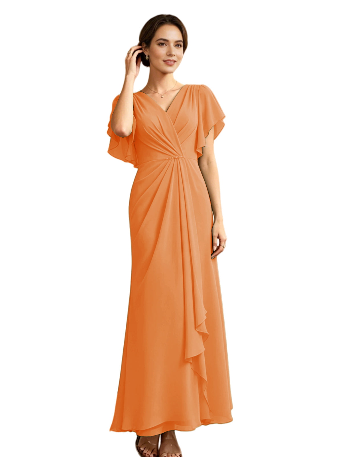Orange chiffon A-line mother-of-the-bride dress, V-neck, flutter sleeves, draped side ruffle