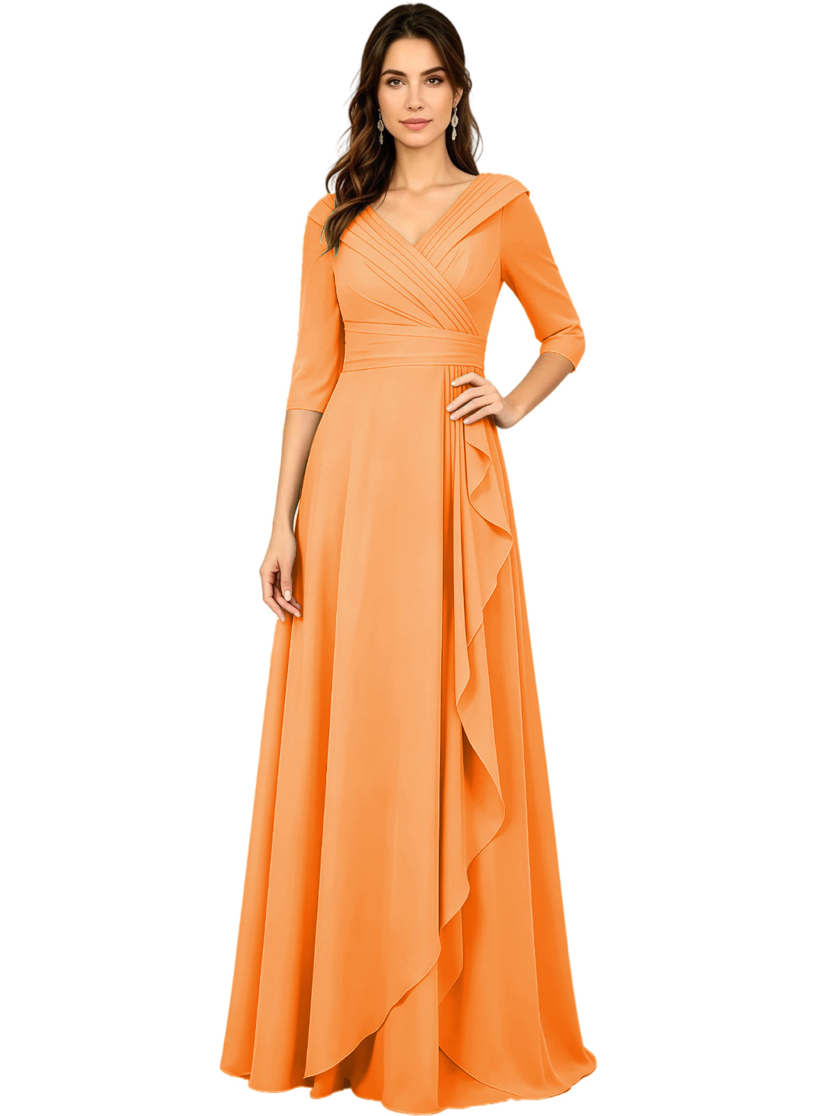 Coral orange chiffon A-line gown with V-neck, half sleeves, and side ruffle drape detail.