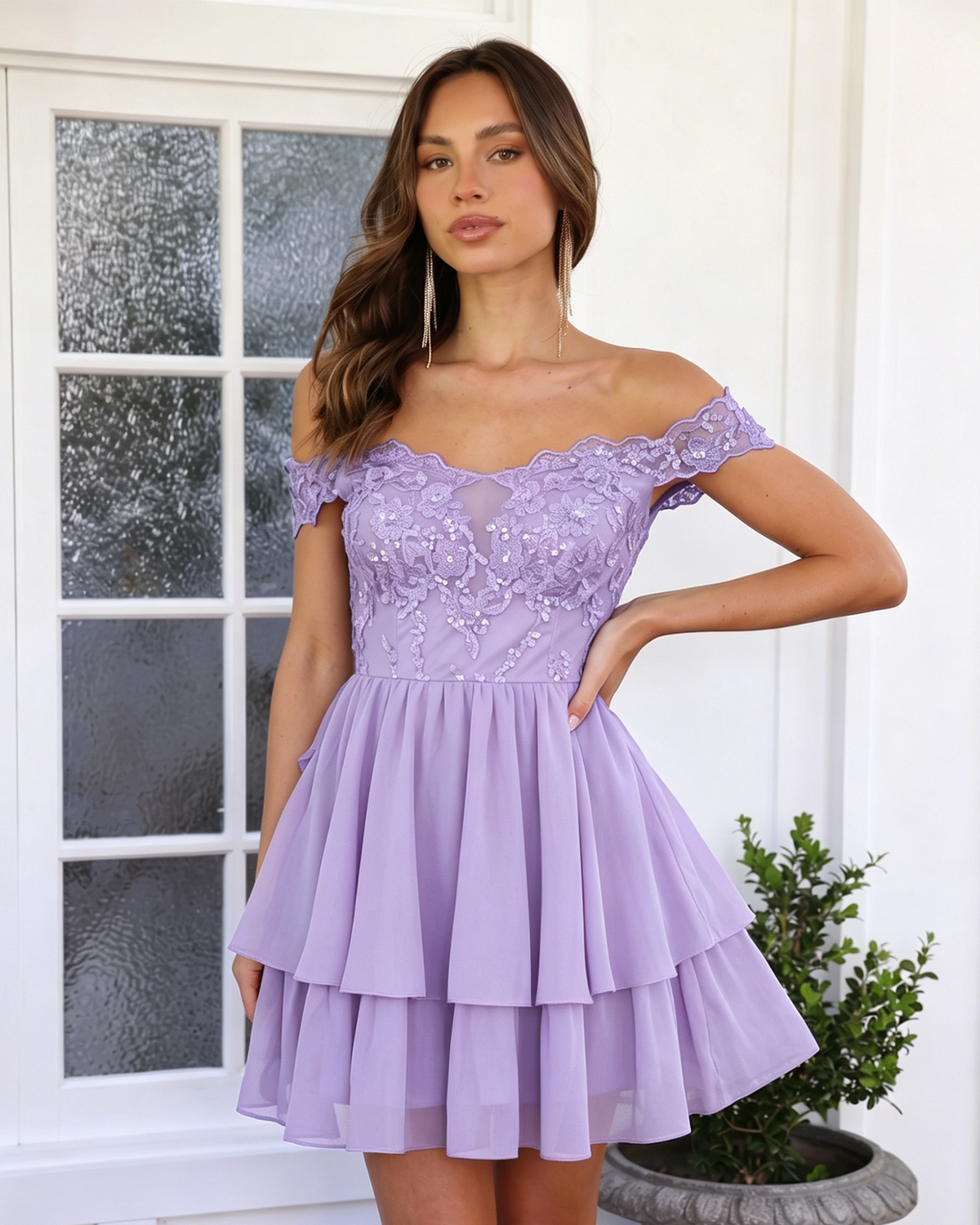 Lavender off-shoulder lace A-line dress with tiered skirt
