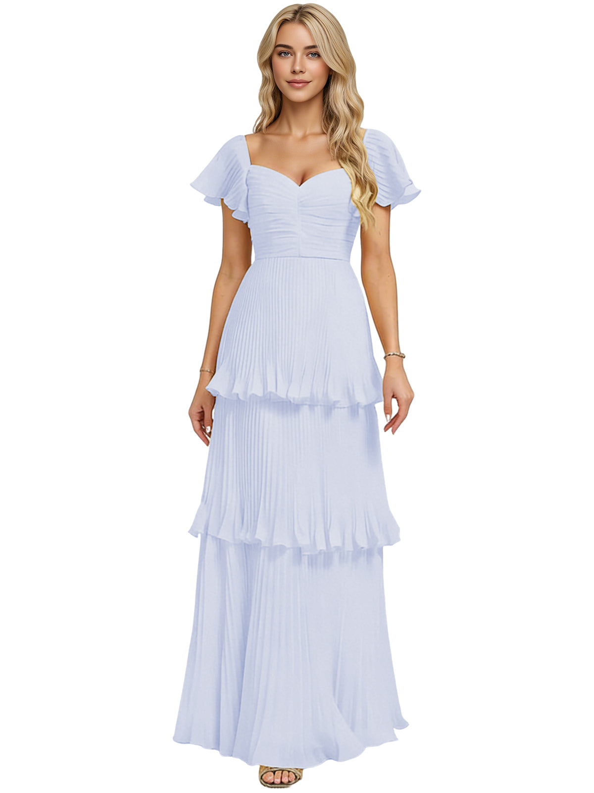 Light blue tiered chiffon bridesmaid dress with sweetheart neckline and flutter sleeves