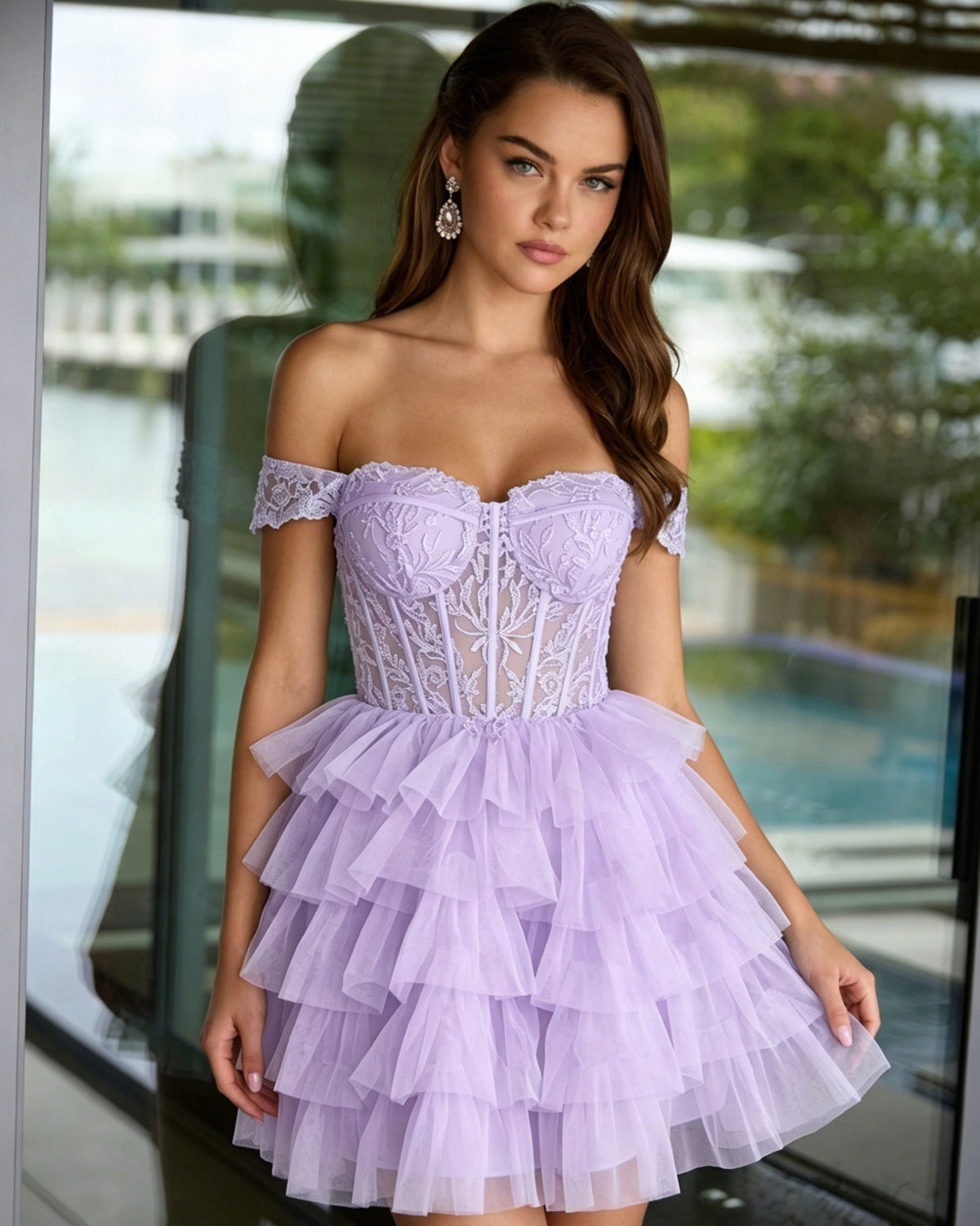Off-shoulder lace corset tulle homecoming dress, lavender tiered ruffle skirt