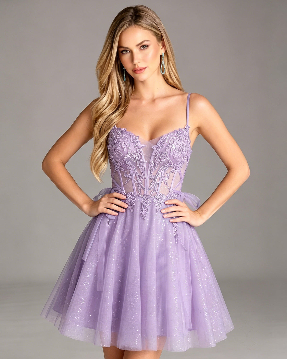 Lavender glitter tulle homecoming dress with lace corset bodice and delicate straps