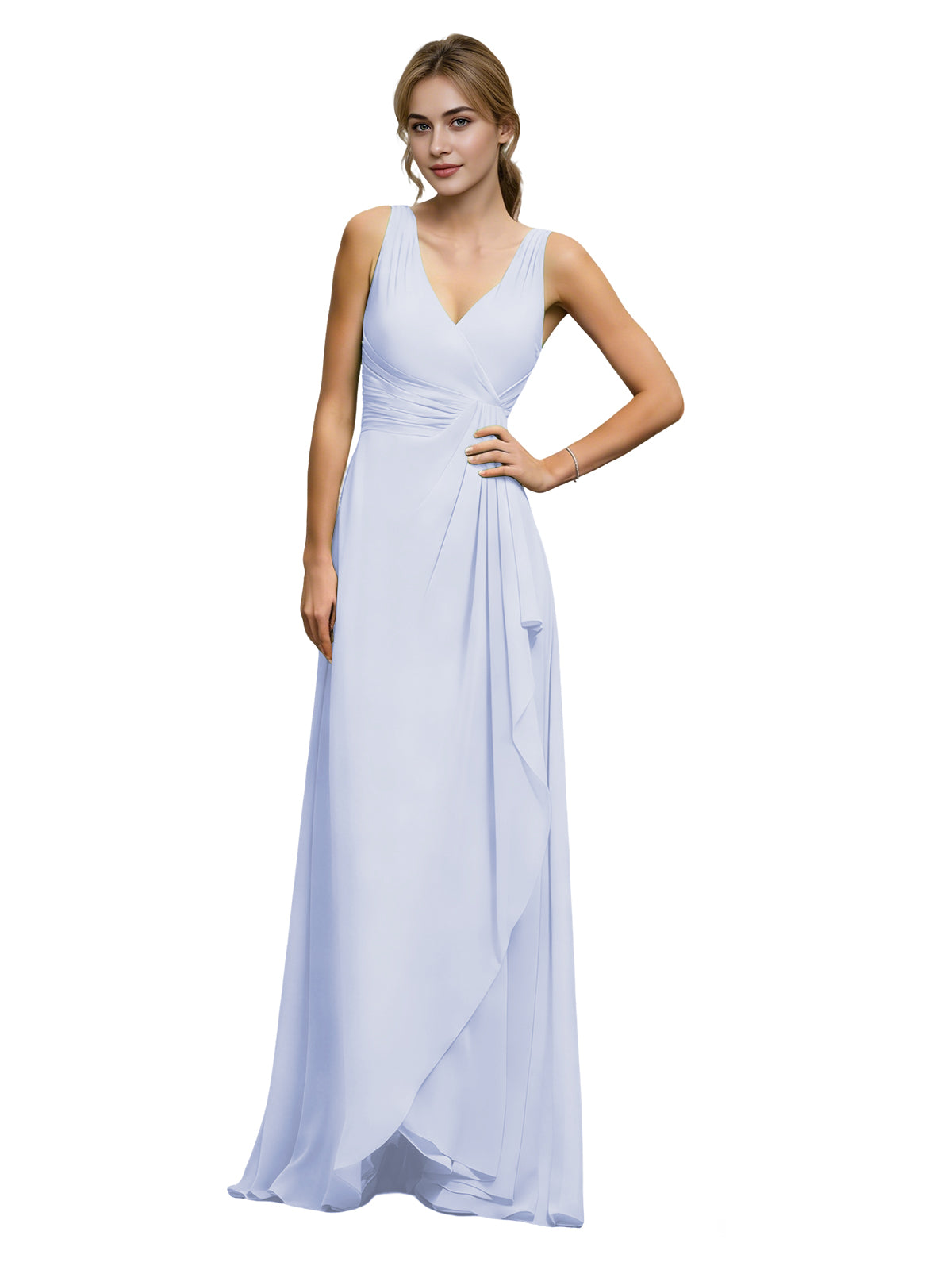 Halter V-neck chiffon bridesmaid dress in light blue, draped sash at waist.