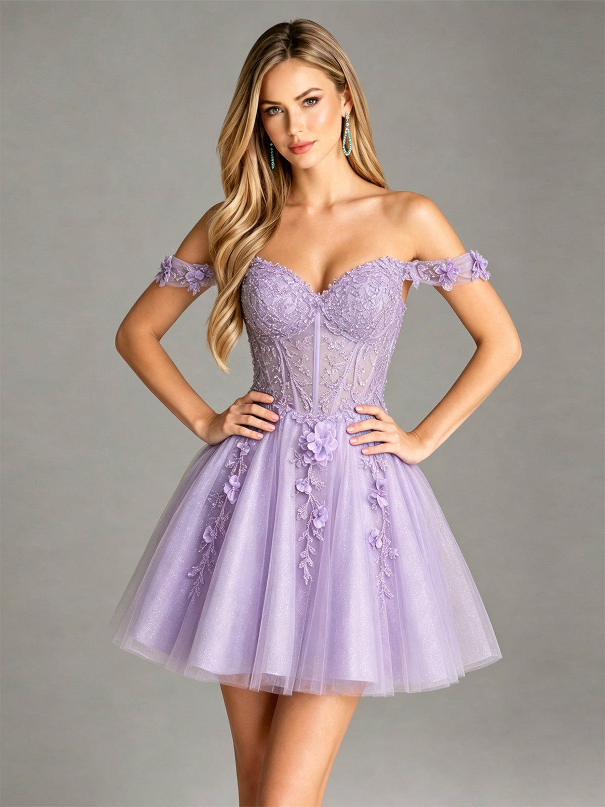 Lavender off-shoulder glitter tulle corset dress with 3D floral appliques and short skirt