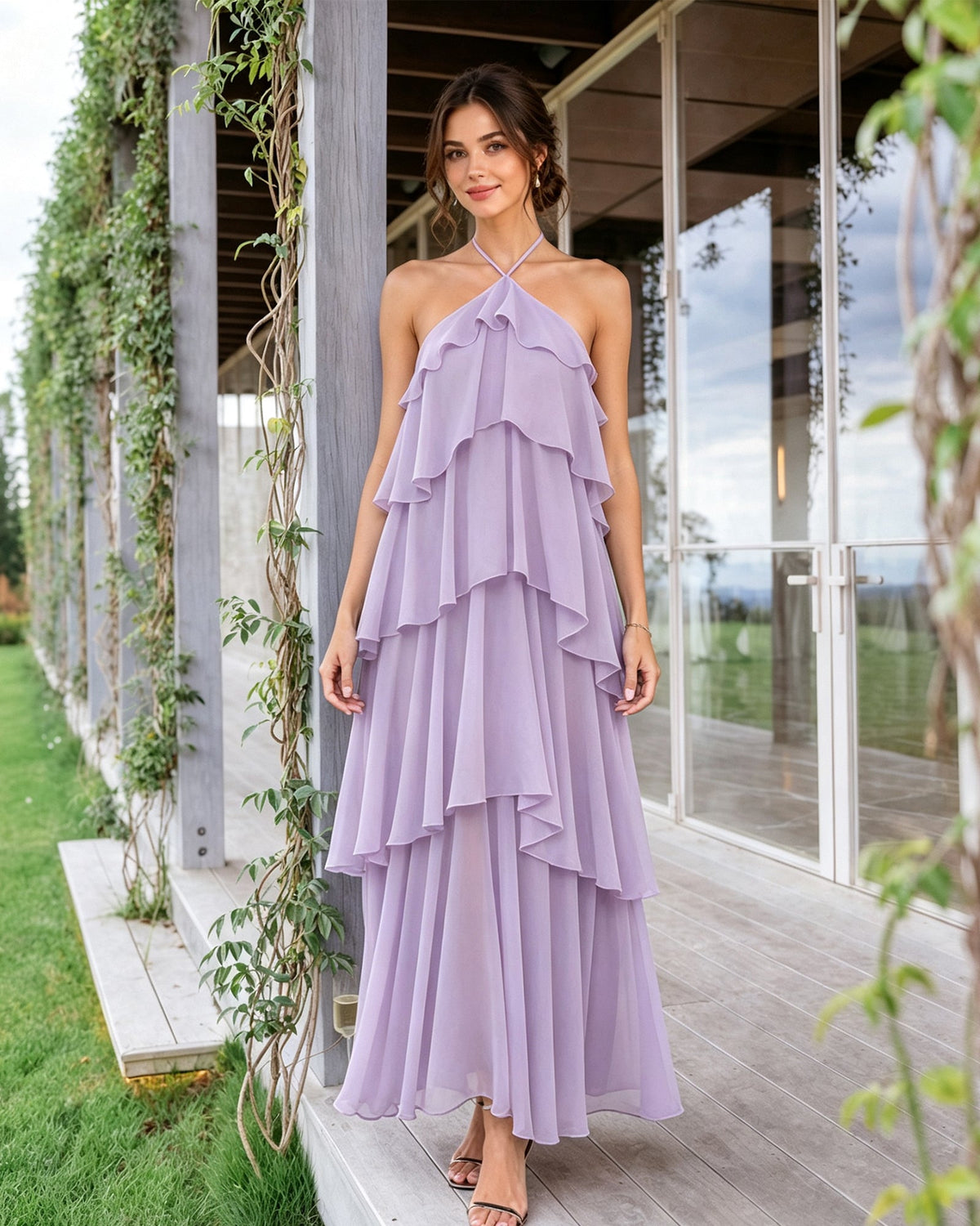Lavender halter neck tiered chiffon bridesmaid dress with layered ruffle overlay