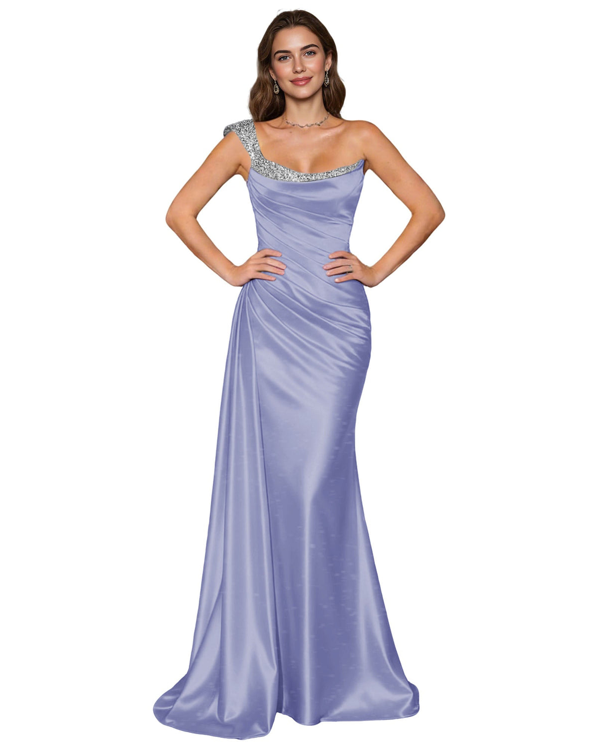 Lavender satin mermaid prom dress with jeweled spaghetti straps and draped cowl neckline