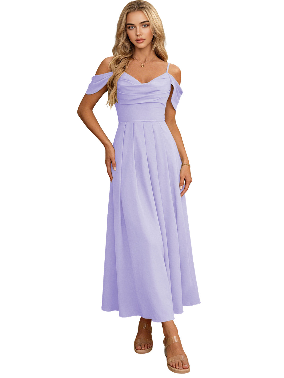 Lavender off-shoulder midi bridesmaid dress with ruched neckline and pleated skirt