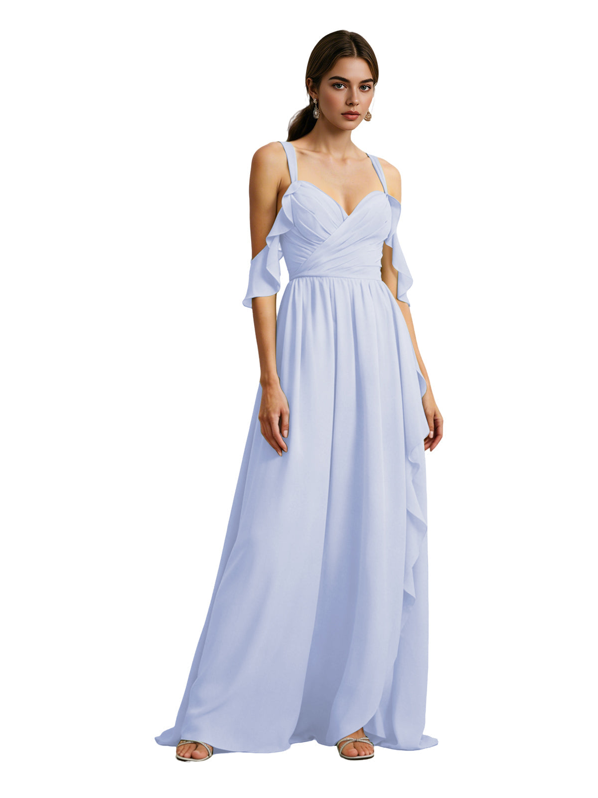 Light blue chiffon cold-shoulder bridesmaid dress with draped V-neck bodice and soft drape