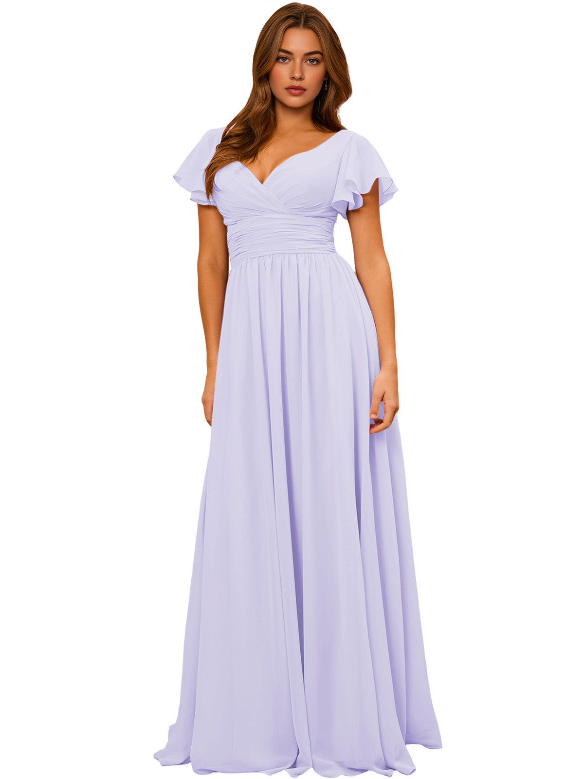 Lavender chiffon V-neck maxi dress with flutter sleeves and empire waist