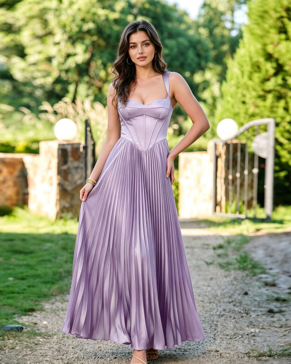 Square-neck corset midi dress in lavender with pleated skirt