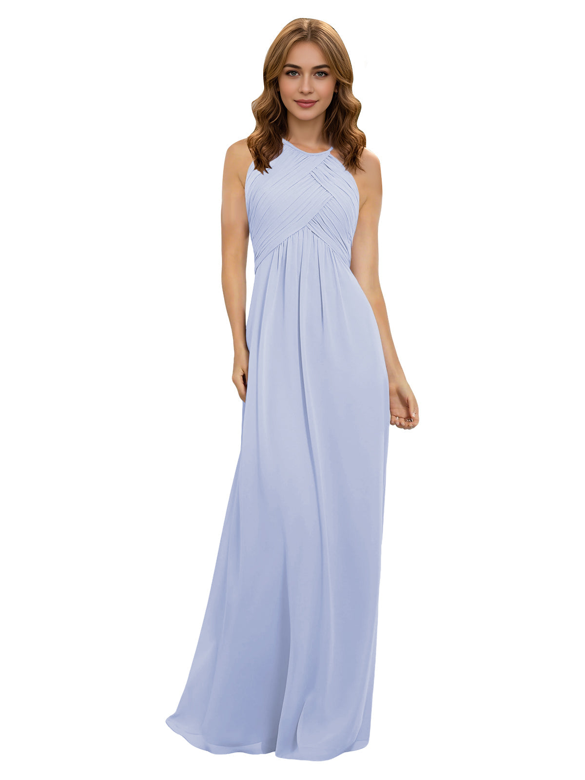 Light blue halter chiffon bridesmaid dress with twisted bodice and flowing maxi skirt