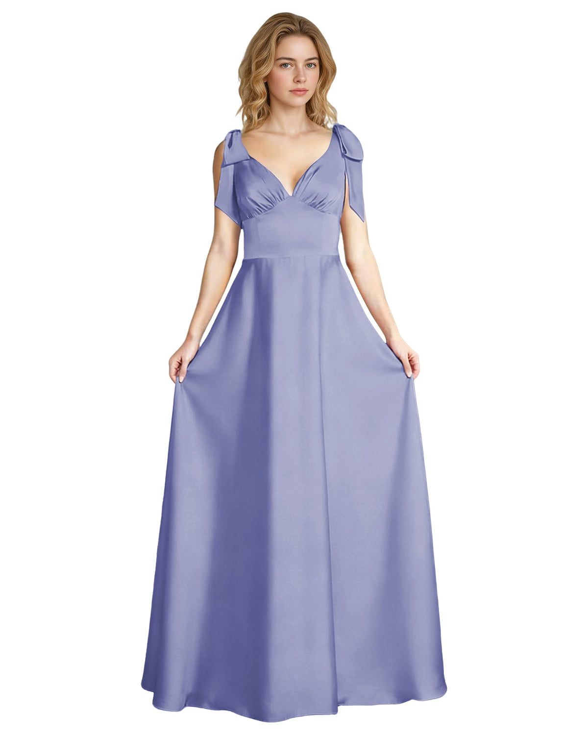 Light blue satin V-neck bow strap bridesmaid dress with empire waist and long skirt