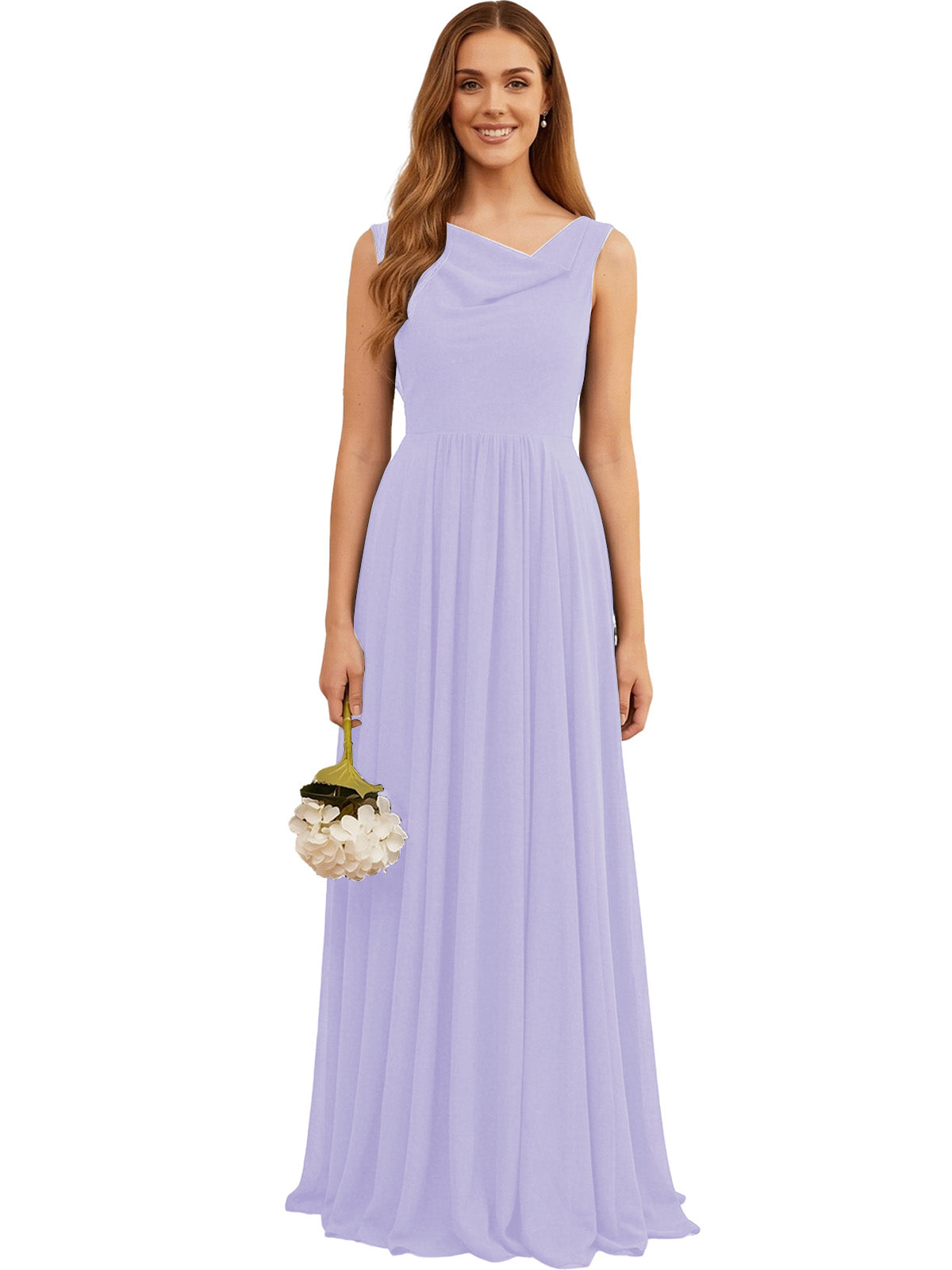 Lavender chiffon bridesmaid dress with V-neck sleeveless bodice and pleated skirt