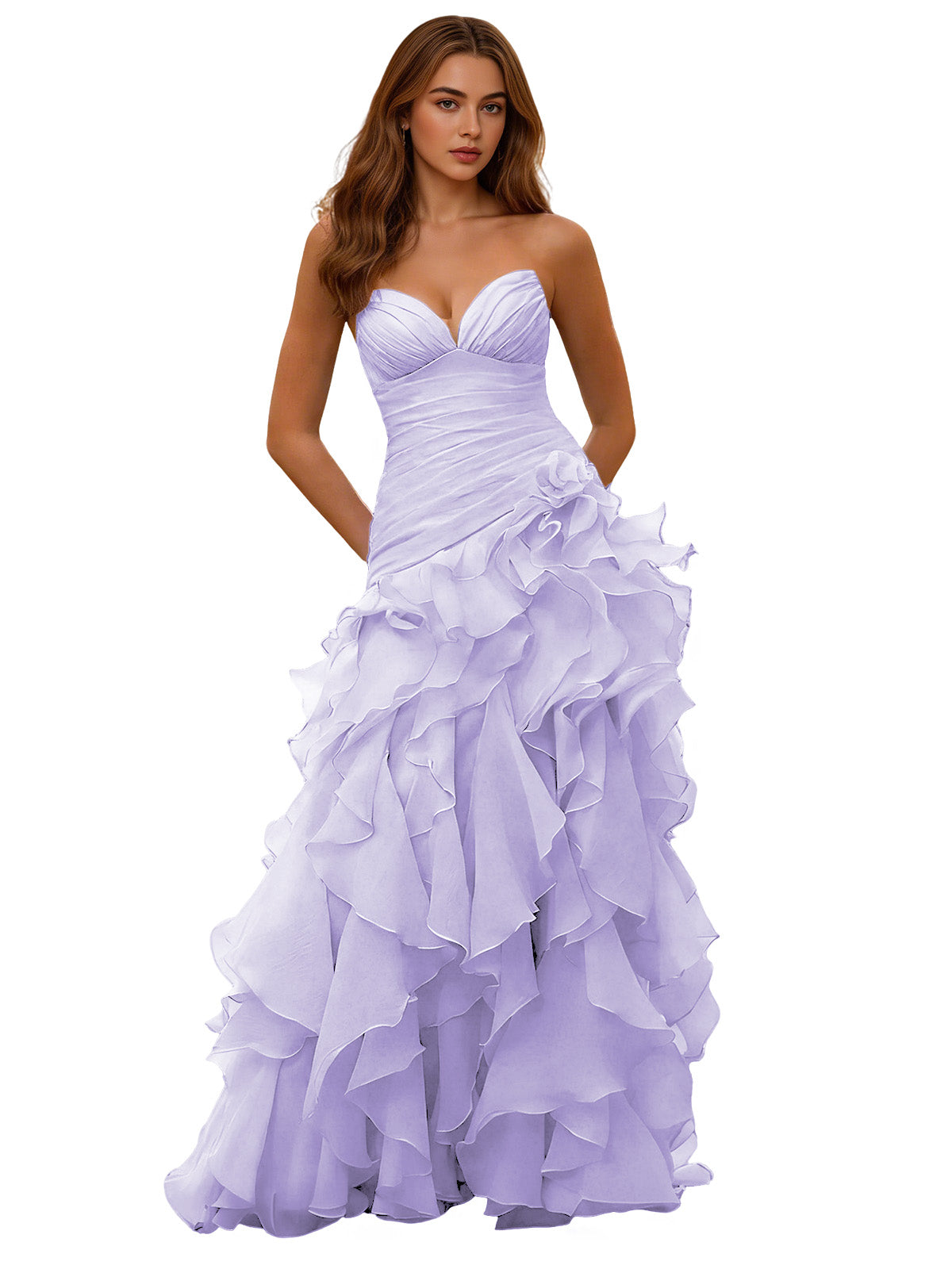 Strapless organza ruffle ball gown prom dress in pale lilac, layered ruffle skirt