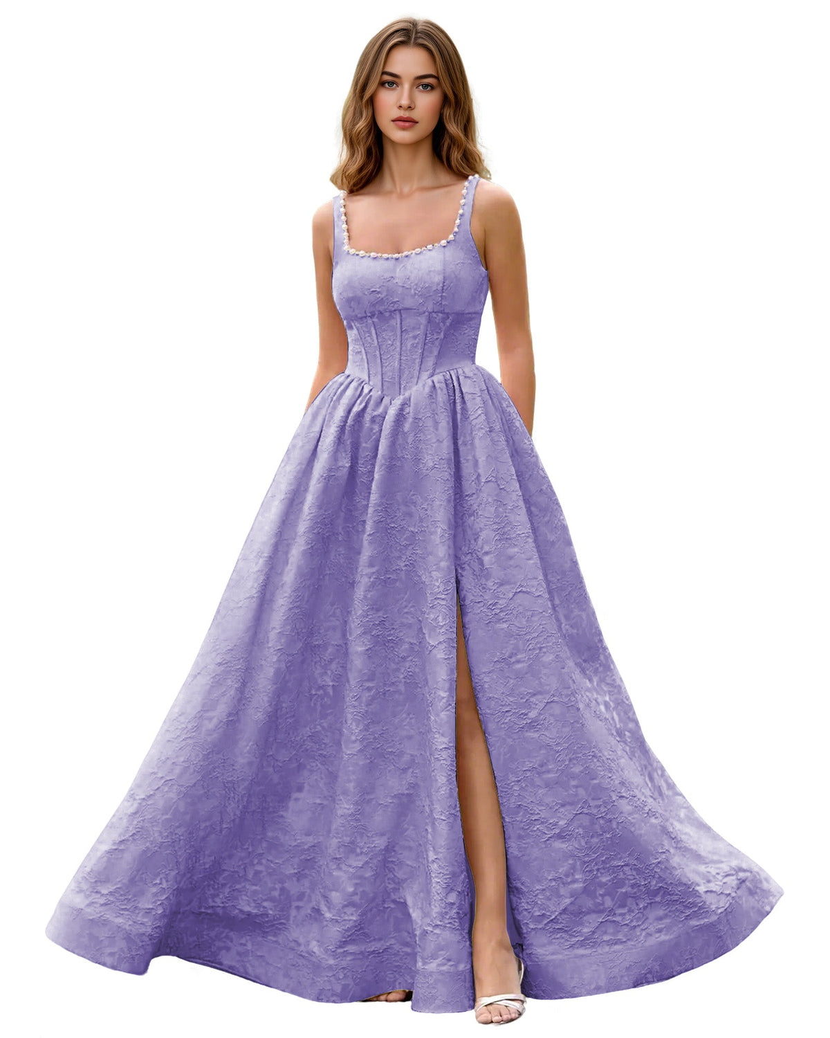 Square-neck jacquard ball gown prom dress in lavender, wide straps, side slit