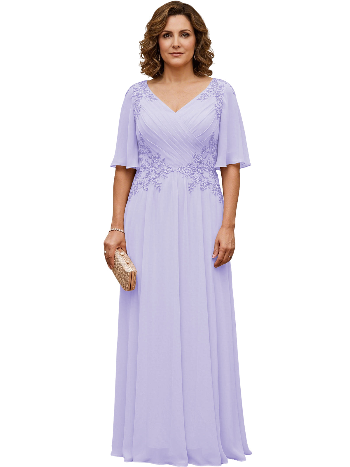 Long chiffon A-line gown in lavender with V-neck, flutter sleeves, beaded lace bodice, draped.