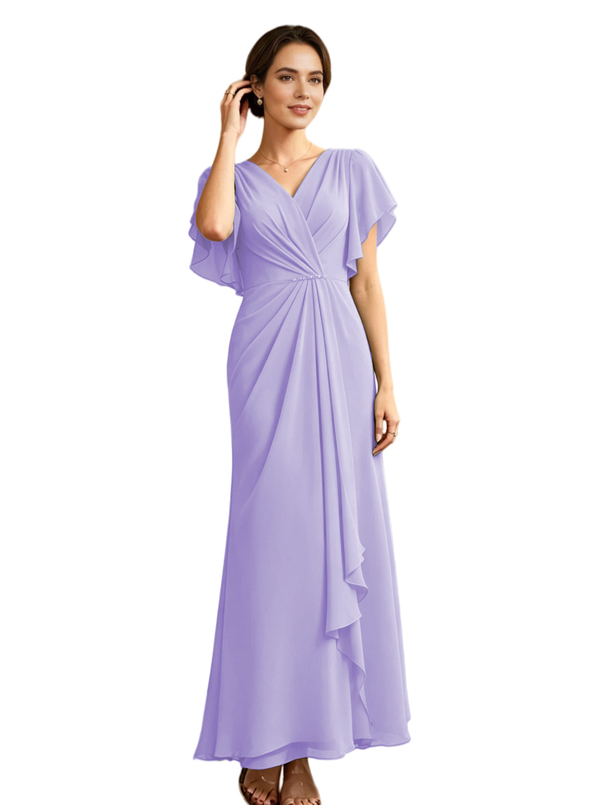 Lavender chiffon A-line mother-of-the-bride dress, V-neck, flutter sleeves, draped side ruffle