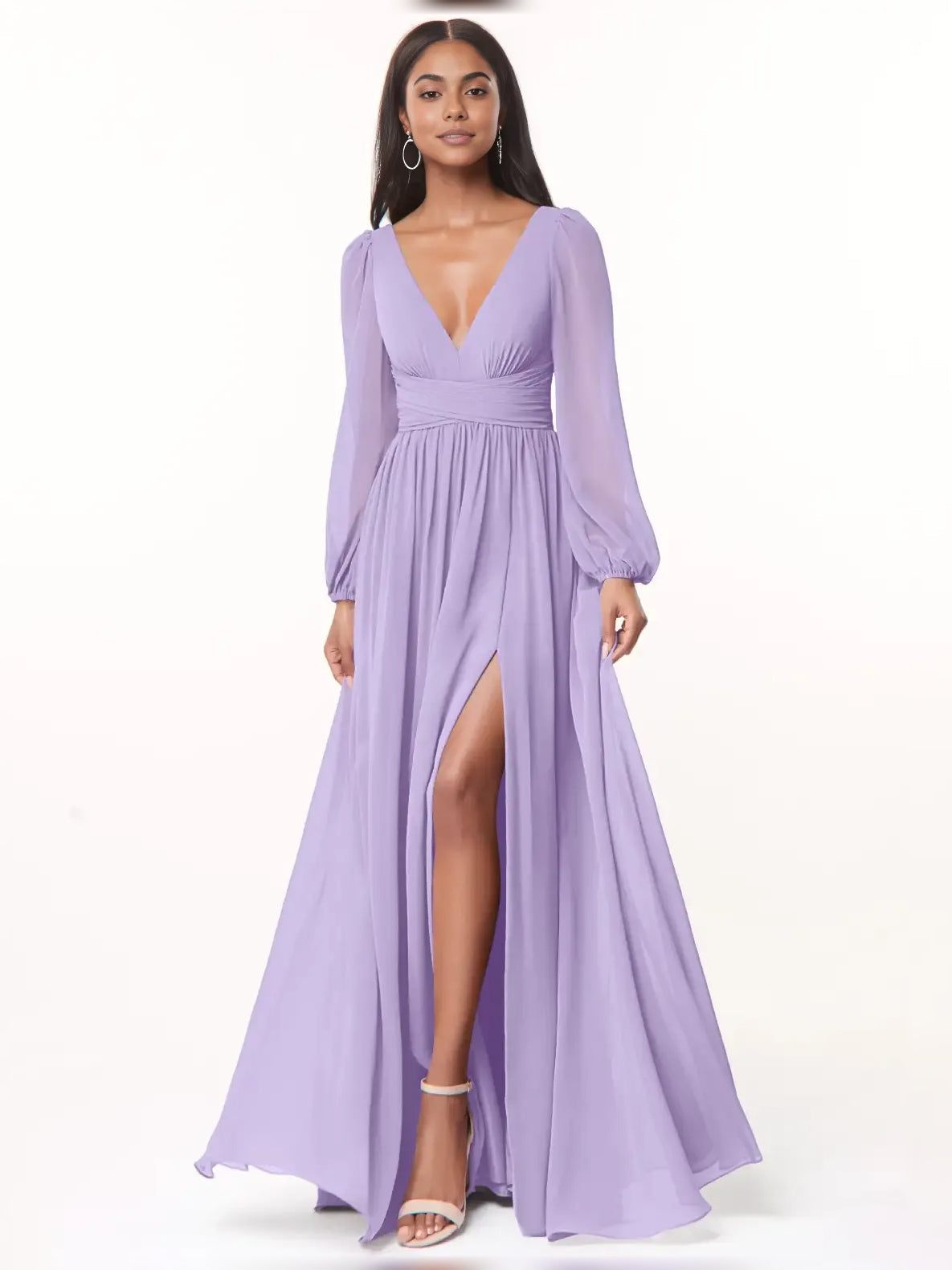 Lilac slit A-line bridesmaid dress with plunging V-neck and long sleeves