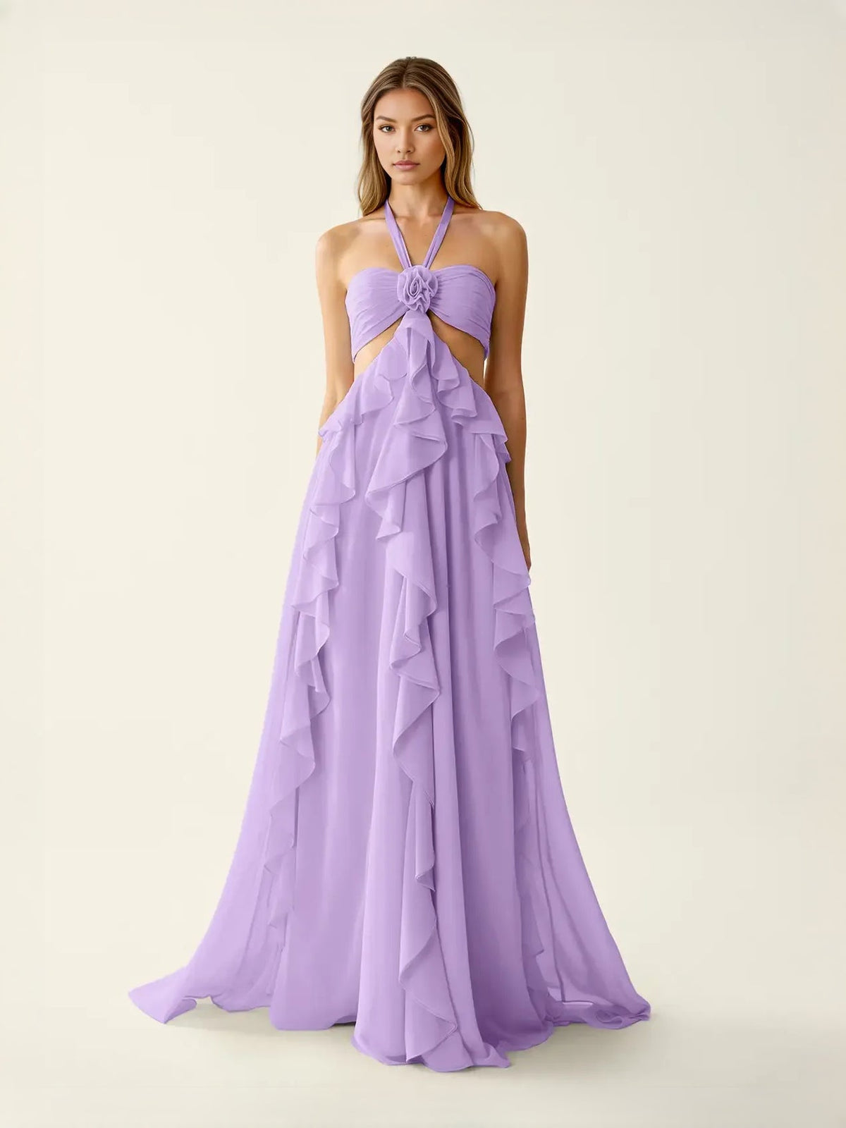 Lilac chiffon prom dress with halter neck knot detail and cascading ruffle maxi skirt