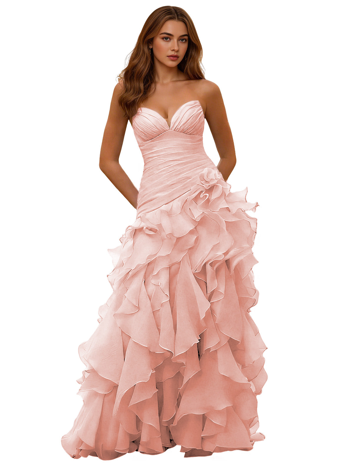 Strapless organza ruffle ball gown prom dress in blush pink, layered ruffle skirt