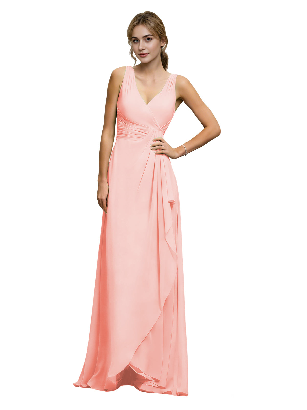 Halter V-neck chiffon bridesmaid dress in blush pink, draped sash at waist.