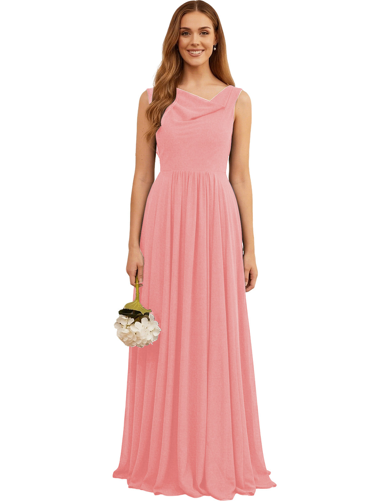 Pink chiffon bridesmaid dress with V-neck sleeveless bodice and pleated skirt