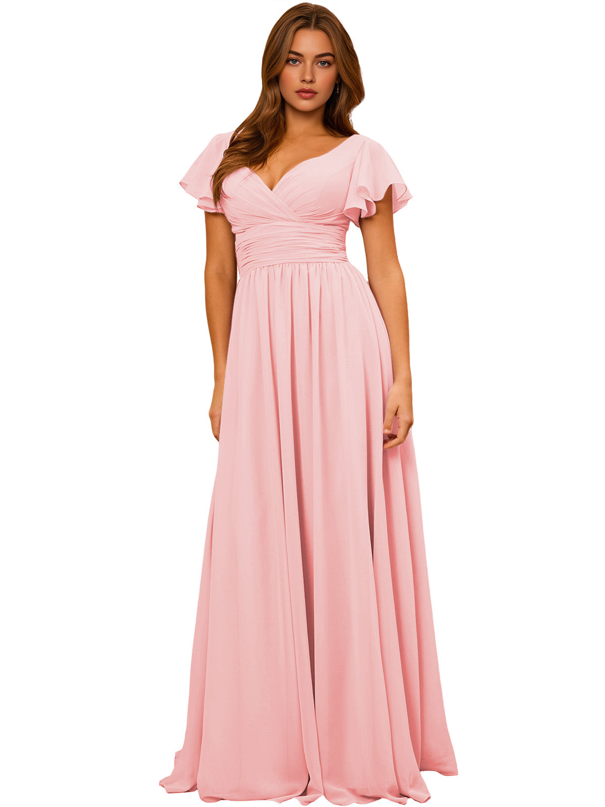 Blush pink chiffon V-neck maxi dress with flutter sleeves and empire waist