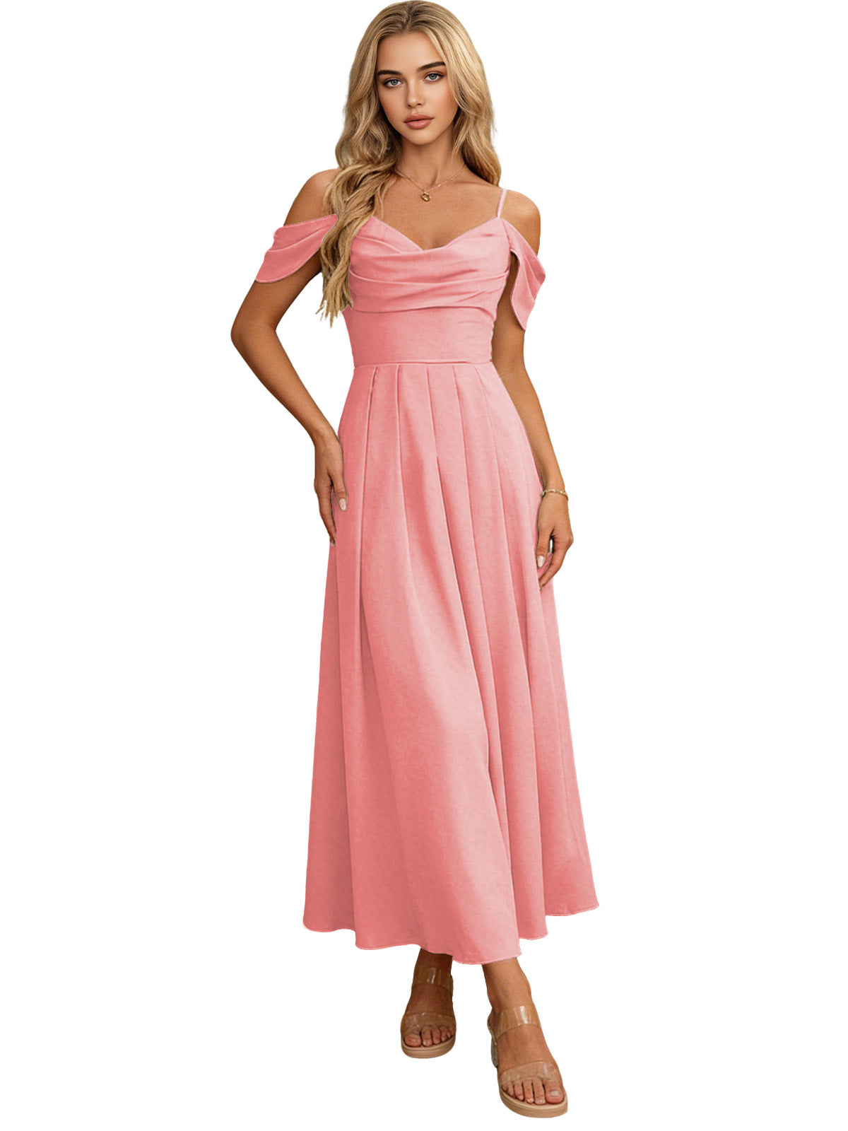Pink off-shoulder midi bridesmaid dress with pleated bodice and flowing skirt