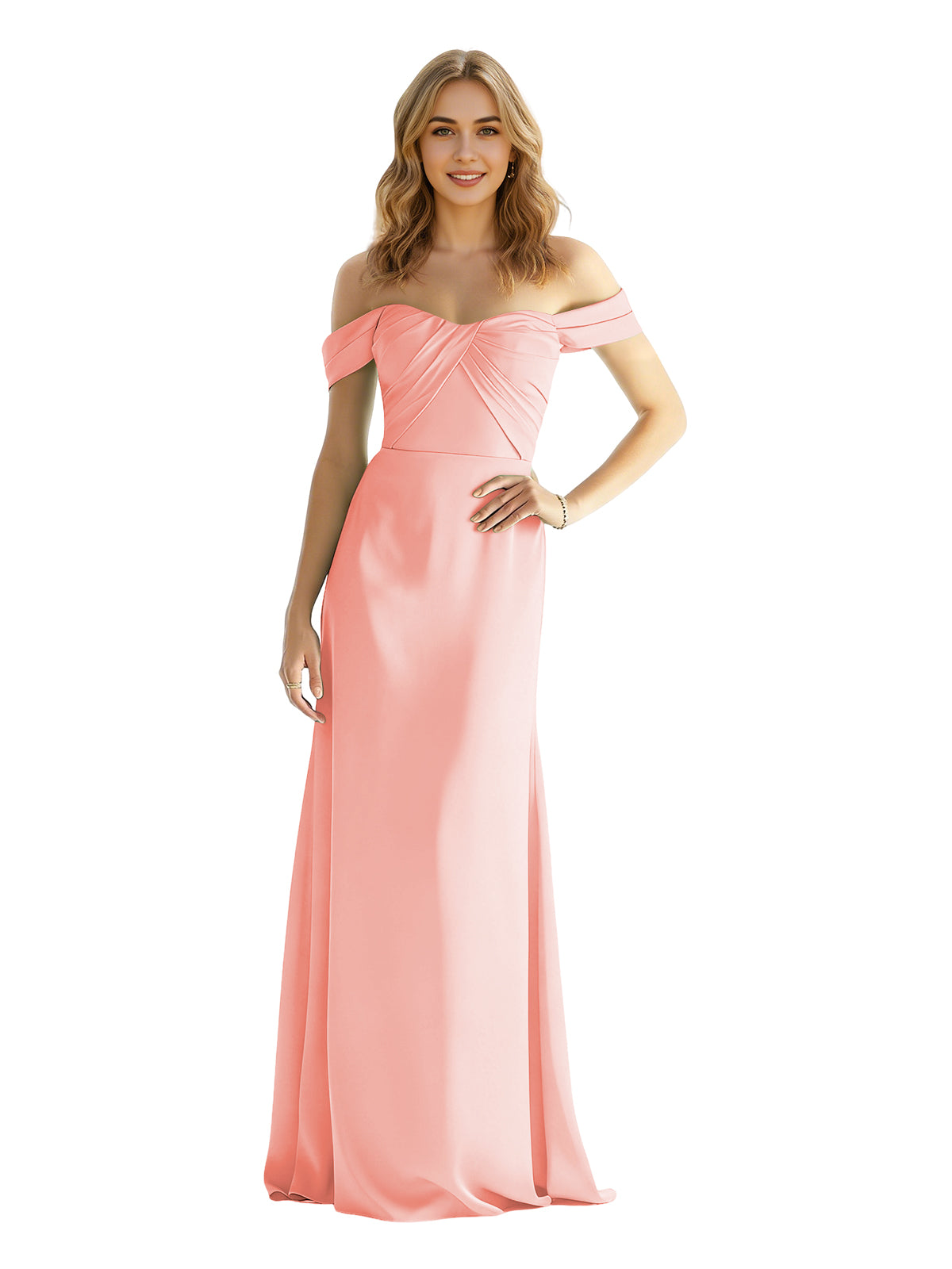 Peach satin off-shoulder sweetheart bridesmaid dress with wrapped bodice, floor length