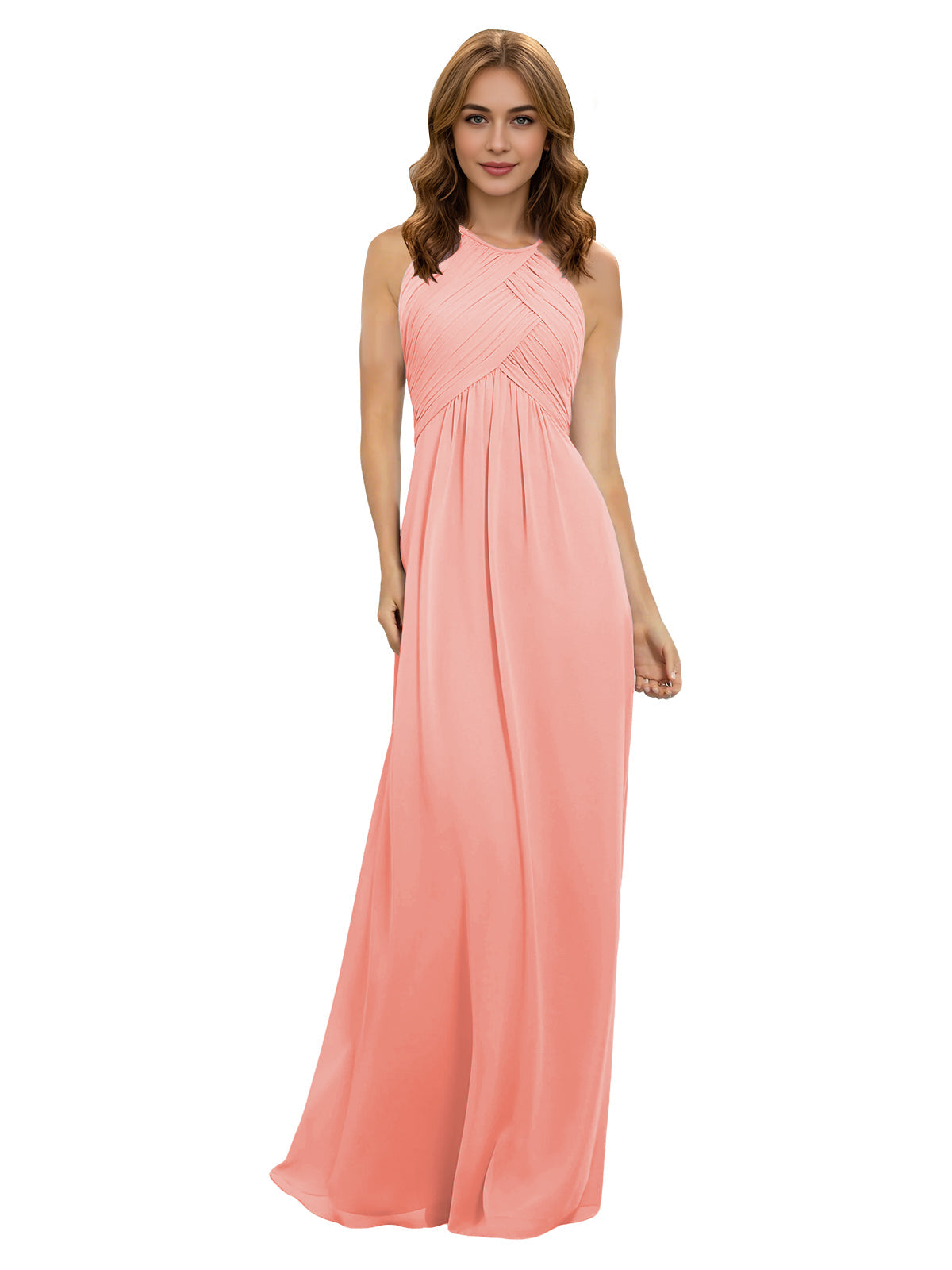Blush pink halter chiffon bridesmaid dress with twisted bodice and flowing maxi skirt