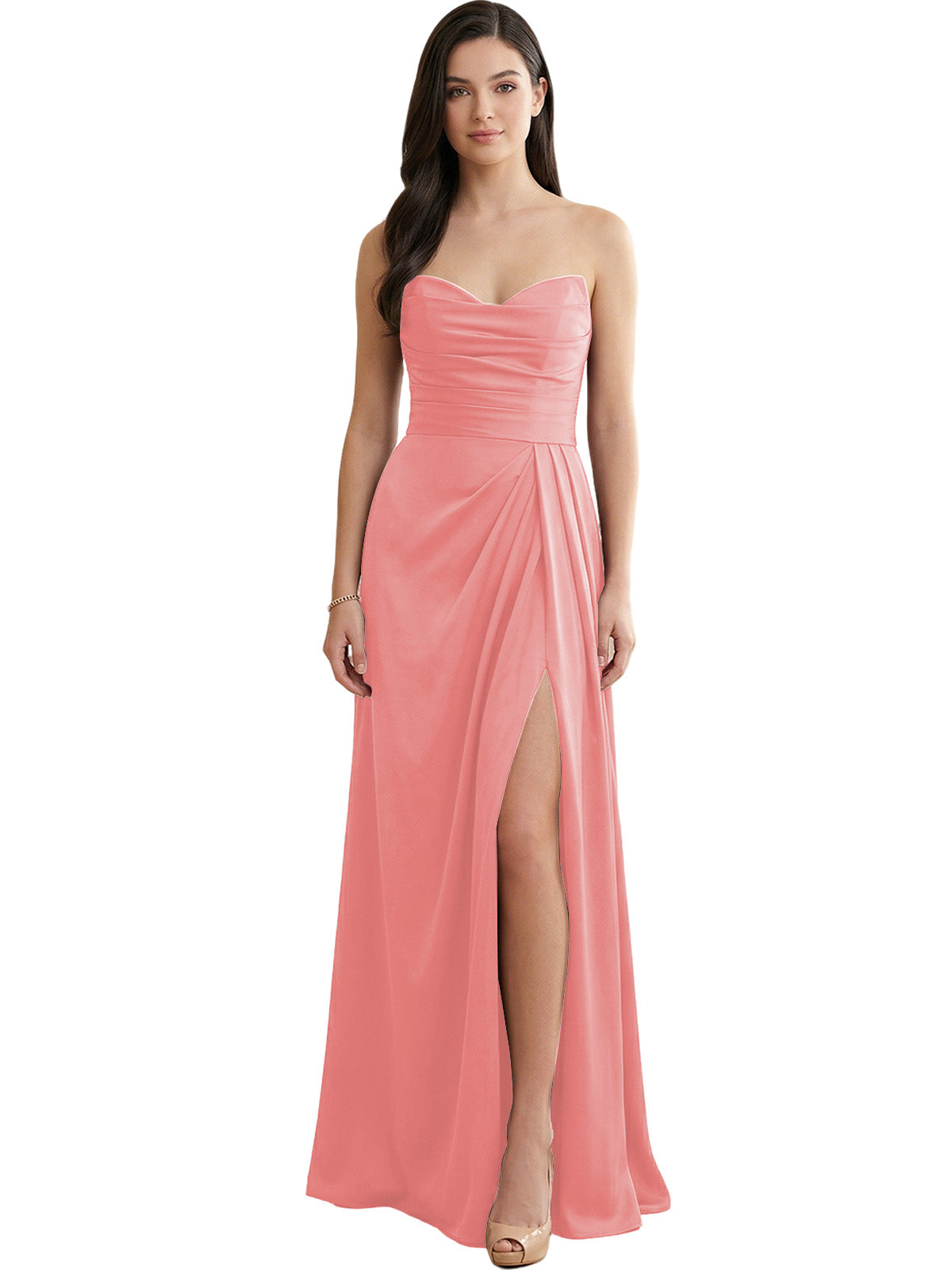 Light pink strapless satin bridesmaid dress with pleated bodice and side slit