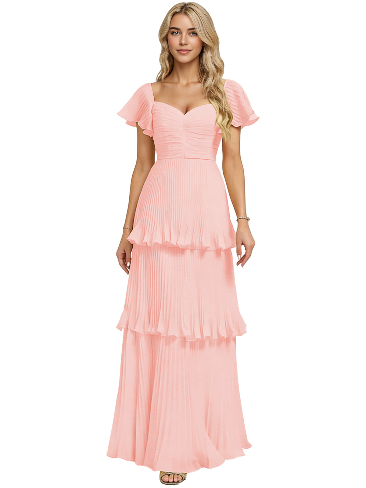 Blush pink tiered chiffon bridesmaid dress with sweetheart neckline and flutter sleeves