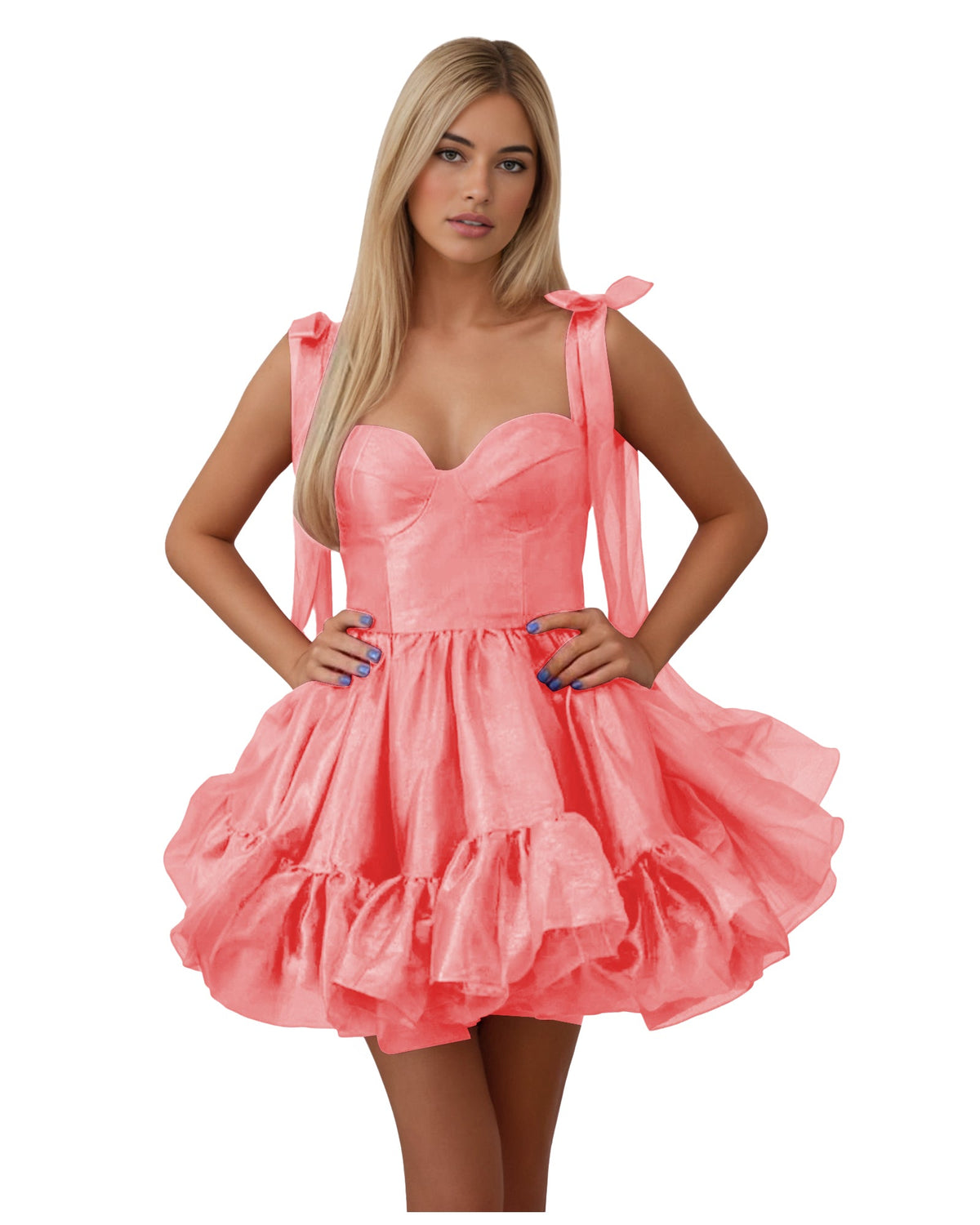 Satin corset homecoming dress in pink with bow shoulder straps and layered ruffle skirt